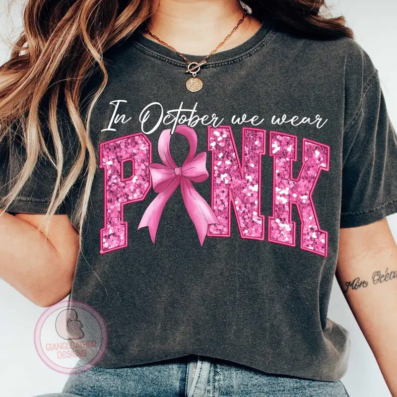 In October We Wear Pink Shirt, Breast Cancer awareness Shirt, Halloween Shirt, Awareness Ribbon Shirt, Fight Cancer Shirt, Pink Coquette Ribbon