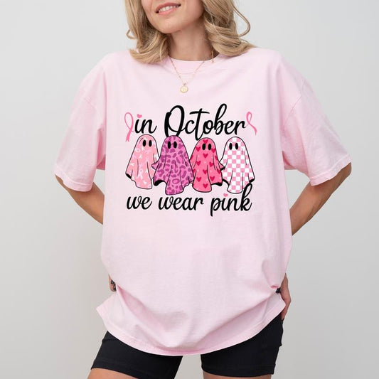In October We Wear Pink Shirt, Cancer Survivor T-shirt, Cute Ghost Printed Graphic Tee Women, Motivational Tee, Breast Cancer Awareness Tee, Breast Cancer Halloween Gift, Casual Short Sleeve Shirt For Women, Cotton Fabric Relaxed Fit Style