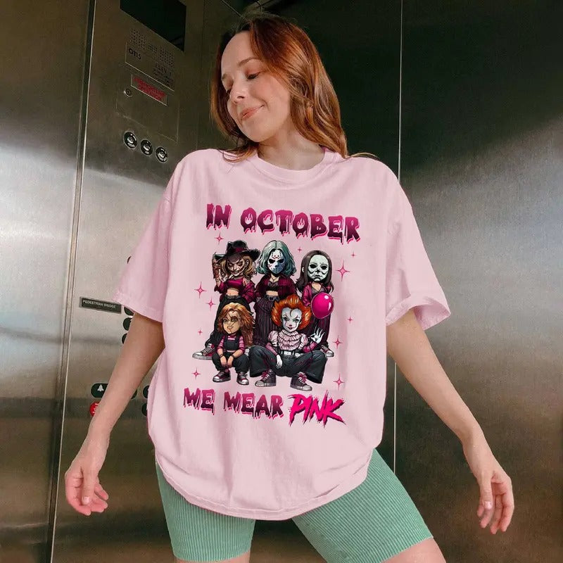 In October We Wear Pink Shirt, Halloween Breast Cancer Tshirt, Spooky Pink Tee October Pink T-Shirt, Halloween Character Movies Tshirt Cotton Top