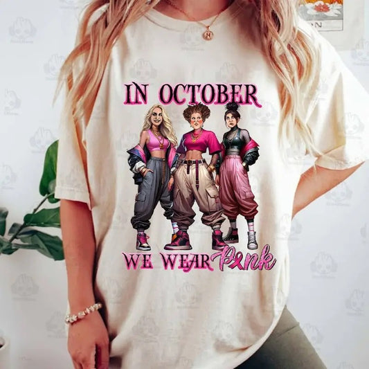 In October We Wear Pink Shirt, Sarah Winifred Mary Sanderson Sisters Shirt, Hocus Pocus Movies Halloween Breast Cancer Month Halloween Tshirt, Pink Witch Survivor Halloween Vintage Tshirt