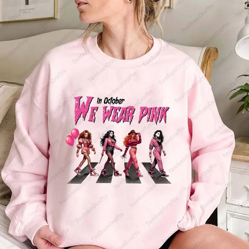 In October We Wear Pink Tshirt Halloween Characters Breast Cancer Awareness Breast Cancer Month Halloween Shirt Funny...