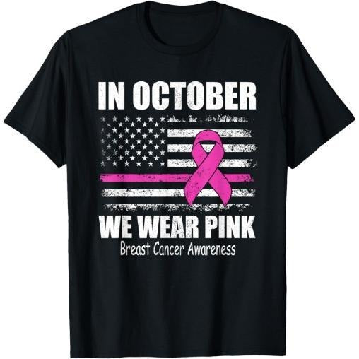 In October we Wear Pink Breast Cancer Awareness US Flag T-Shirt Made in USA Hoodie, Sweatshirt | DripVista.com