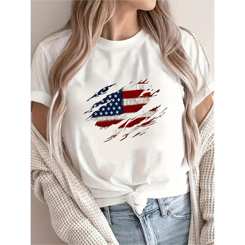 Independence Day Printed Crew Neck T-shirt, Summer Gunpla brand Spring Short-Sleeved Casual Top, Women'WB shield Clothing...