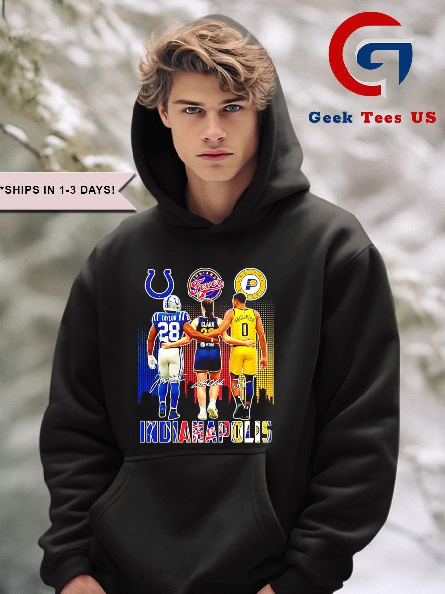 Indiana sport Jonathan Taylor Indianapolis Colts hug Caitlin Clark Indiana Fever Tyrese Haliburton Pacers signature shirt