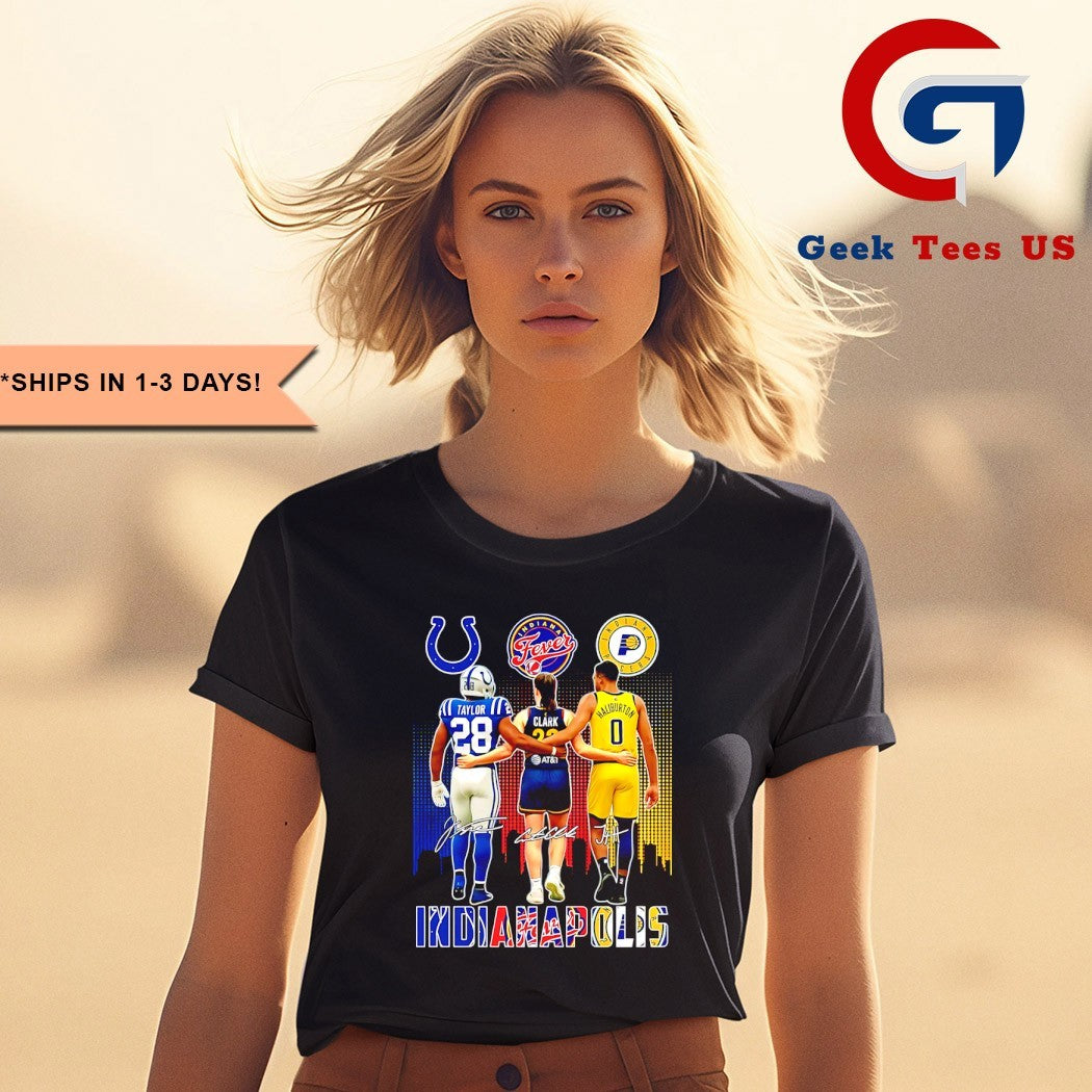 Indiana sport Jonathan Taylor Indianapolis Colts hug Caitlin Clark Indiana Fever Tyrese Haliburton Pacers signature shirt