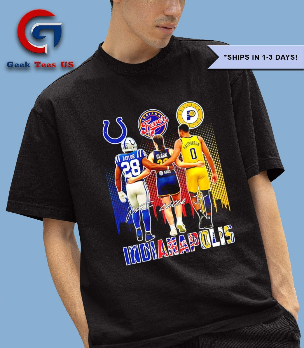 Indiana sport Jonathan Taylor Indianapolis Colts hug Caitlin Clark Indiana Fever Tyrese Haliburton Pacers signature shirt