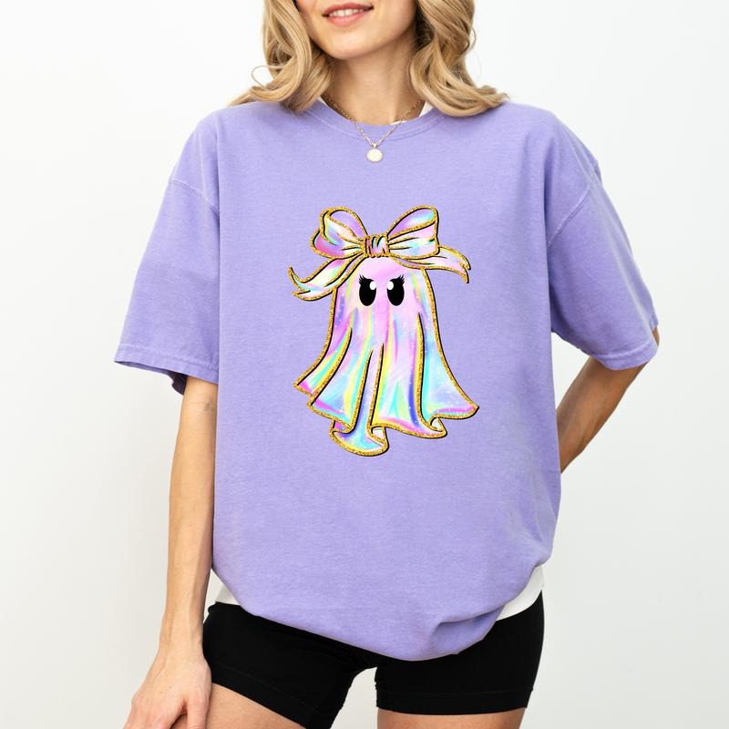 Iridescent Ghost Pumpkin Shirt Comfort Colors, Coquette Ghost Women Tee, Halloween Graphic Tee, Girls Halloween Crewneck...