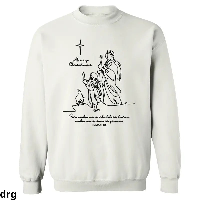 Isaiah 9:6 Christmas Sweatshirt, Minimalist Nativity Line Art Design, Hoodie Religious Holiday Apparel with Bible Verse