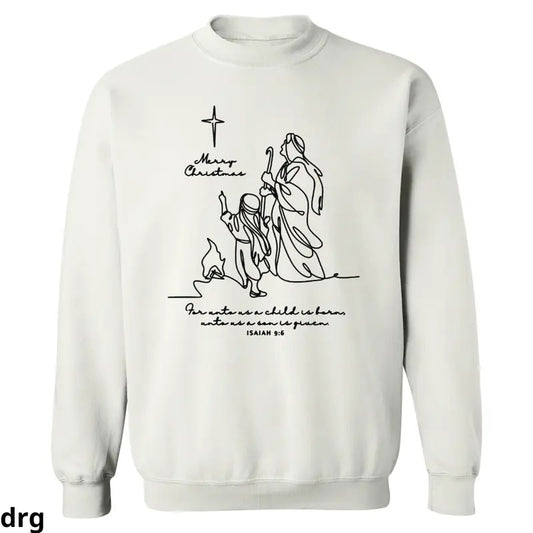 Isaiah 9:6 Christmas Sweatshirt, Minimalist Nativity Line Art Design, Hoodie Religious Holiday Apparel with Bible Verse