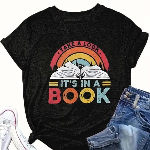 It's In A Book Shirt, Book & Letter Print Round Neck Tee, Book Sweatshirt, Women Tops  Comfort Cotton Hoodie | DripVista.com
