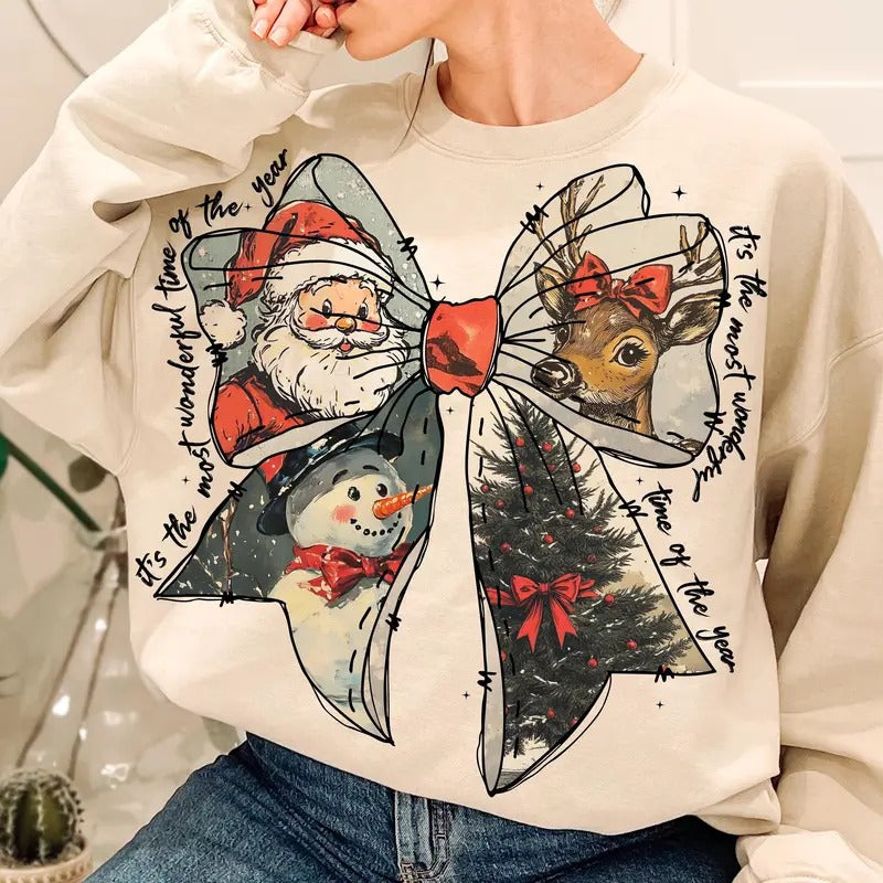 It's The Most Wonderful Time of The Year Coquette Christmas Bow Sweater, Vintage Santa Claus Christmas, Xmas Coquette...