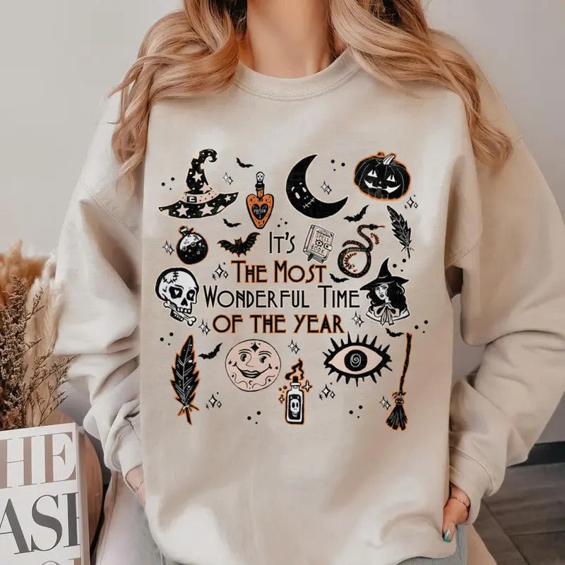 It's the Most Wonderful Time of the Year Sweatshirt, Vintage Black Cat Halloween Sweatshirt, Retro Halloween Pumpkin Sweatshirt, Halloween Apparel style 03