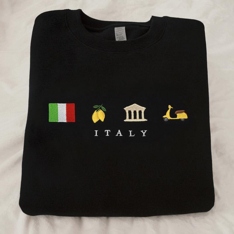 Italy Embroidered Sweatshirt, Cozy, Comfortable Crewneck, Black, Flag, Lemon, Travel, Summer, Winter, Vespa Scooter,...