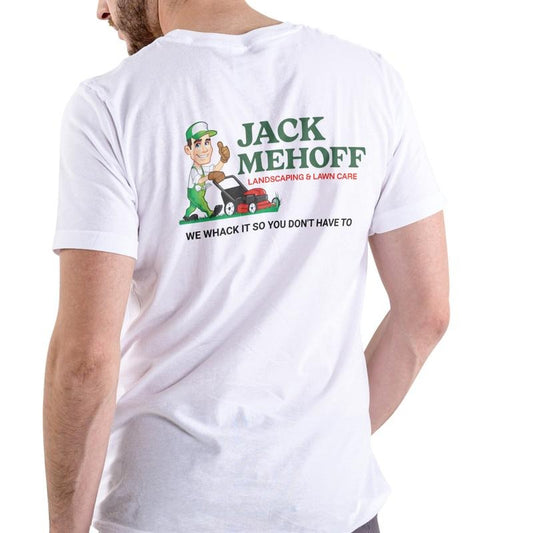 JACK MEHOFF LANDSCAPING Unisex Cotton Graphic Tee T Shirt with Fun Lawn Care Cartoon Design