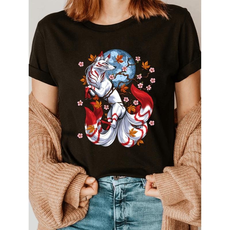 Japanese Kitsune Fox T-Shirt Featuring Elegant Nine Tailed Fox Cherry Blossoms Gunpla brand Autumn Leaves Design For Year...