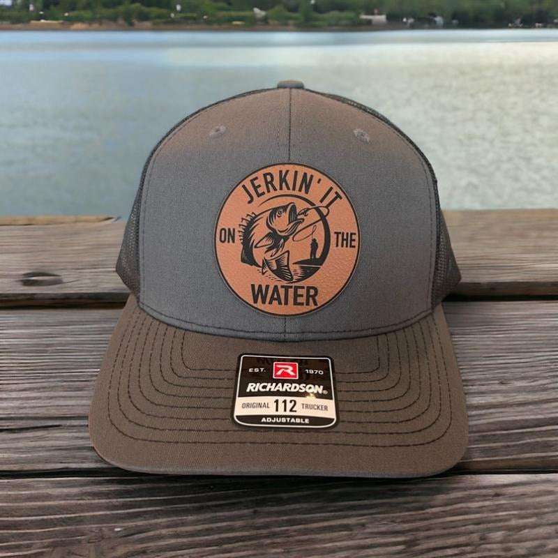 Jerkin' It On The Water Trucker Hat with Rawhide Leather Patch | Dad Hat Richardson 112 T-Shirts, Hoodie, Sweatshirt