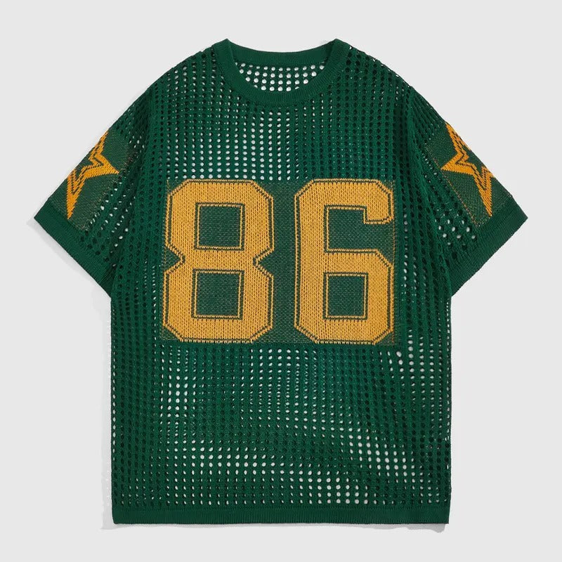 Jersey Shirt Crochet Tops Short Sleeve Letter Print Vintage Lightweight Pullover Sweater Hoodie, Sweatshirt | DripVista.com