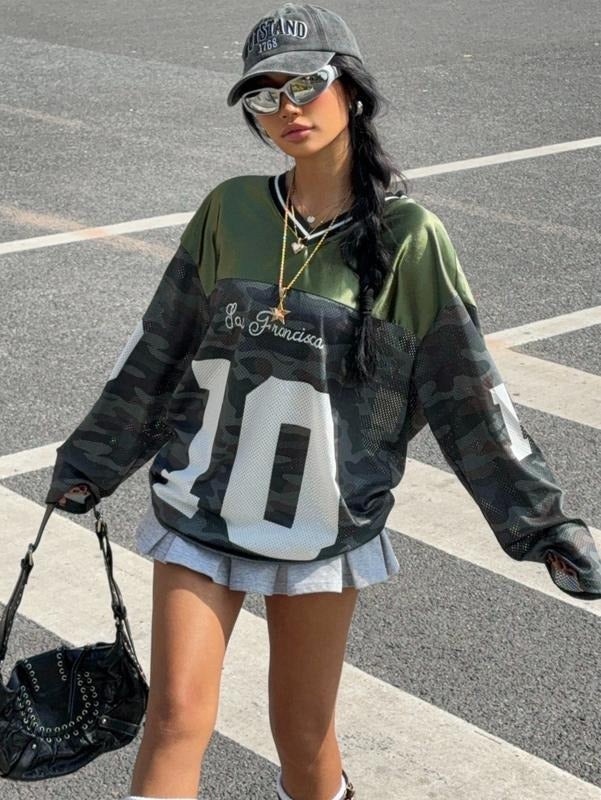 Jersey Shirt Long Sleeve Y2K Oversized V Neck Mesh Sport Graphic Tee Tops Hoodie, Sweatshirt | DripVista.com