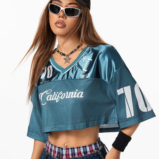 Jersey Shirts for Women Y2k Crop Tops Streetwear Sportswear Short Sleeve T-Shirt Cute Football Jersey Top