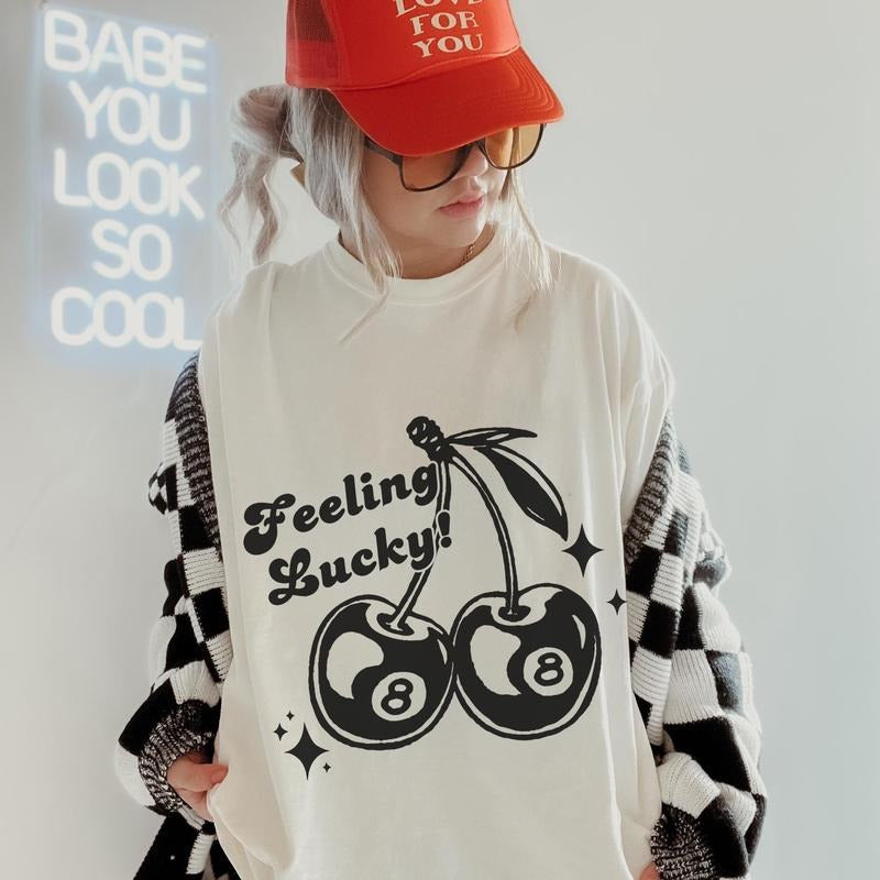 Jessie J Ross Feeling Lucky Cherry 8 Ball Shirt Cool Womens T-shirt, Aesthetic Western Retro Sweatshirt, Boho Festival Hoodie, Unisex Graphic Tee, Smooth Fabric, Aesthetic Streetwear Vibe