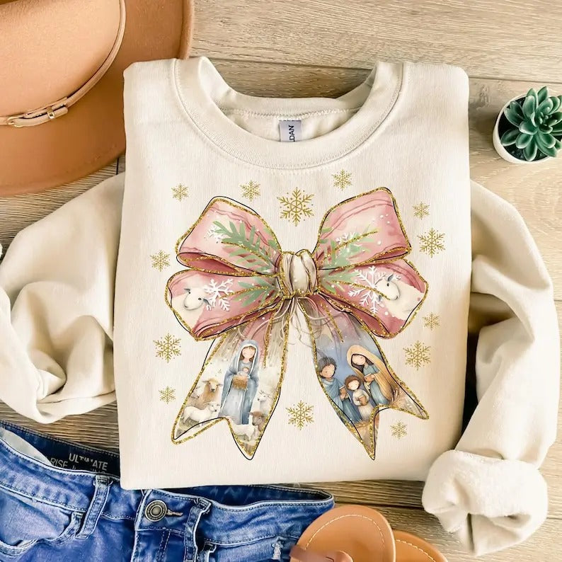 Jesus Christmas Coquette Bow SWEATSHIRT, Christian Christmas SWEATSHIRT, Nativity Scene SWEATSHIRT, Baby Jesus...