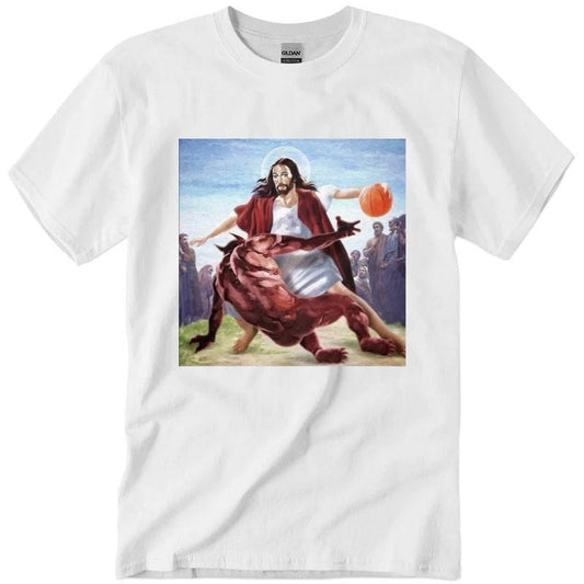 Jesus Crossing Up The Devil T-Shirt, Jesus Basketball Shirt Unisex Classic Cotton Collar Fabric