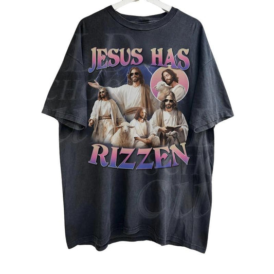 Jesus Has Rizzen Vintage T-Shirt, Retro 90s Graphic Shirt, Funny Shirts, Distressed Cotton Shirt, Oversized Bootleg Tees Tropical Round Neck