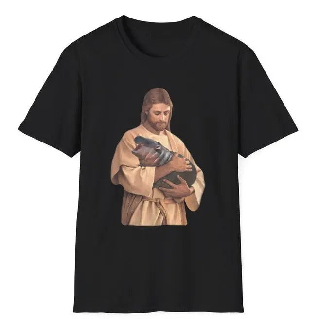 Jesus Holding Moo Deng the Hippo Joke Tee_Cotton T-Shirt, Perfect Tee, Gifts For Boyfriend and Girlfriend T-Shirt Hoodie,...