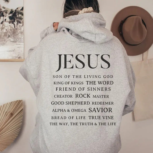 Jesus Hoodie, Christian Apparel, Names of Jesus, Words on Back Hoodie, Trendy Jesus Hoodie, Oversized Hoodie, Christian  T-shirt, sweater and Hoodie