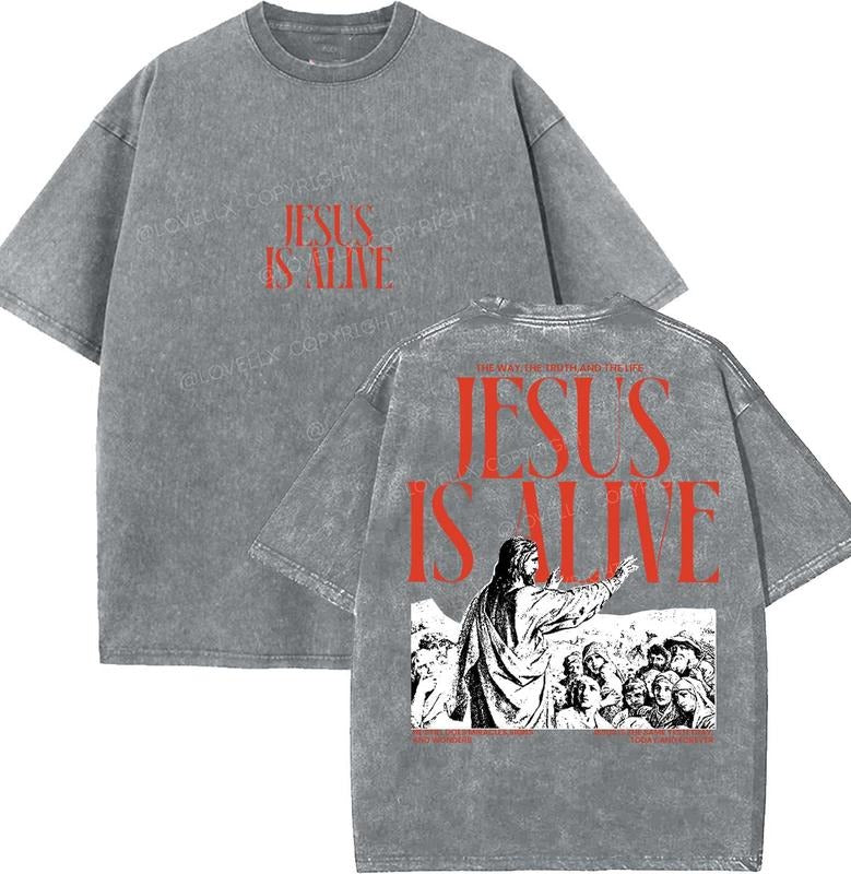 Jesus Is Alive Unisex Washed T-Shirt, Vintage 90s Graphic Tee, Gift Top Womenswear Cotton Hoodie, Sweatshirt | DripVista.com
