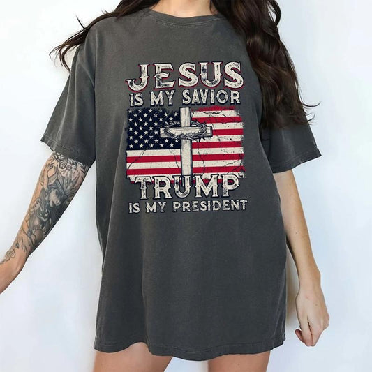Jesus Is My Savior Trummpp Is My President Shirt Comfort Colors, Vintage American Flag Tee, Christian Tshirt, Jesus Cross Top, 2024 Holiday Womenswear