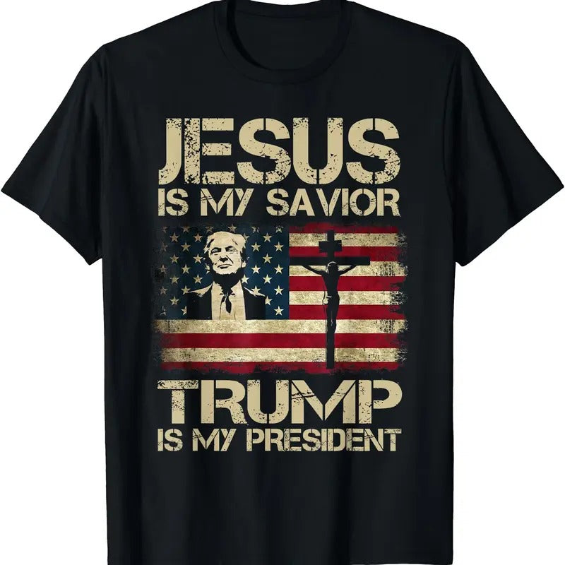 Jesus Is My Savior Trump Is My President Trump 2024 USA Flag T-Shirt, Unisex Cotton Tee, Menswear Top Hoodie, Sweatshirt