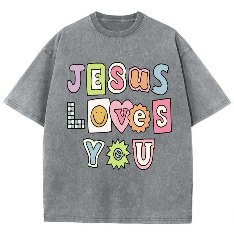 Jesus Loves You Unisex Washed T-Shirt, Christian Tshirts, Vintage 90s Graphic Tee Gift Cotton Top Womenswear, Mineral...