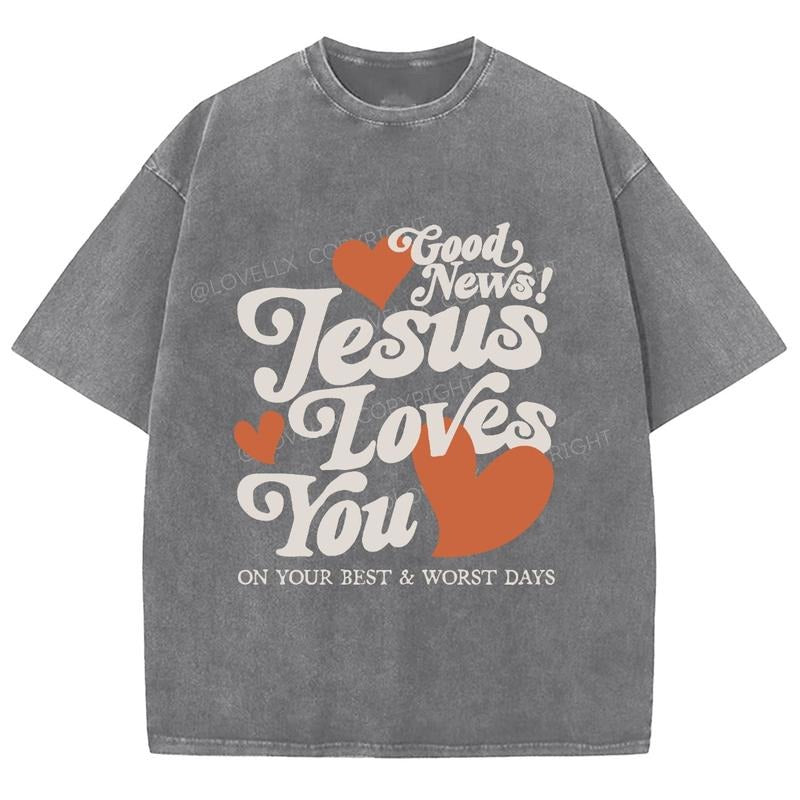 Jesus Loves You Unisex Washed T-Shirt, Christian Tshirts, Vintage 90s Graphic Tee Gift Cotton Top Womenswear, Mineral...