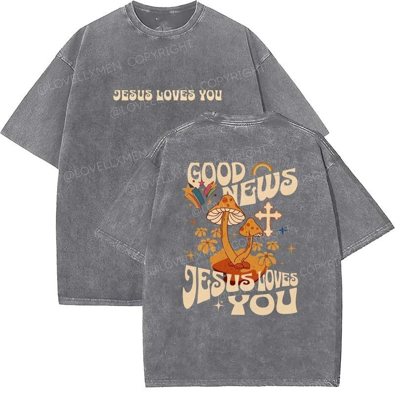 Jesus Loves You Unisex Washed T-Shirt, Christian t shirts, Vintage 90s Graphic Tee, Gift Top Womenswear Cotton Mineral...