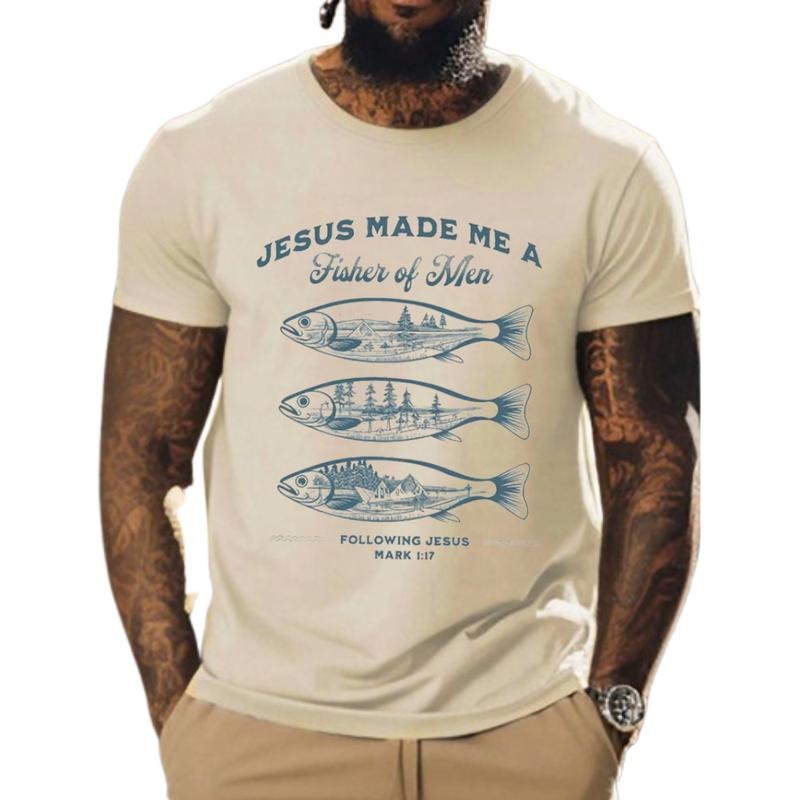Jesus Made Me a Fisher Of Men Shirt Casual Style Crew Neck Short Sleeve T-Shirt Tops Trendy for Unisex, Perfect Gift