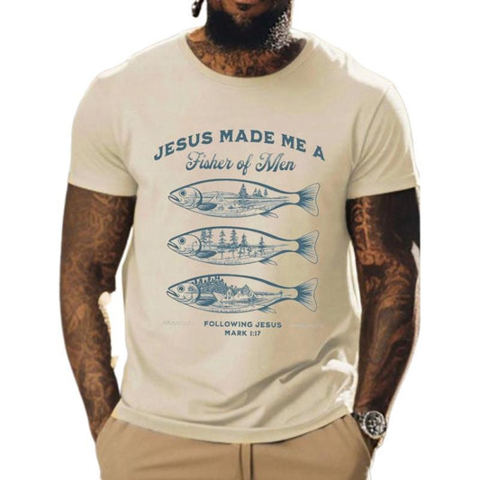 Jesus Made Me a Fisher Of Men Shirt Casual Style Crew Neck Short Sleeve T-Shirt Tops Trendy for Unisex, Perfect Gift