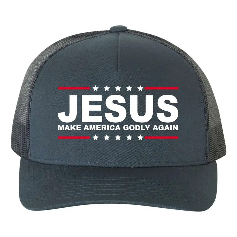 Jesus Make America Godly Again Christian Catholic Christ is King Lord of Lords Yupoong Adult 5-Panel Trucker Hat...