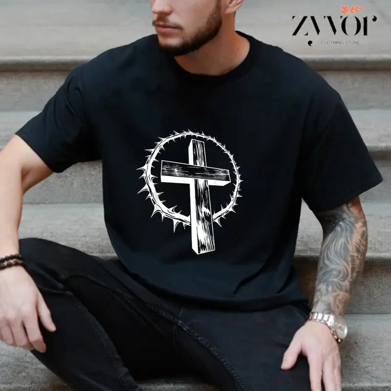 Jesus Old Wooden Cross and Crown of Thorns T-Shirt Casual Style Crew Neck Short Sleeve T-Shirt Tops Trendy for Unisex