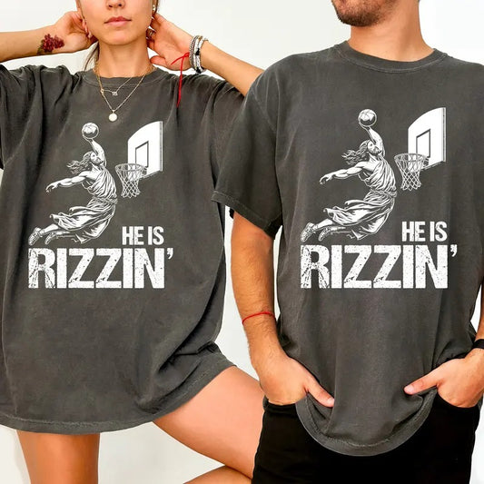 Jesus Playing Basketball He Is Rizzin Shirt, Christian Faith Graphic Printed Unisex Classic Cotton T-shirt Hoodie Sweatshirt