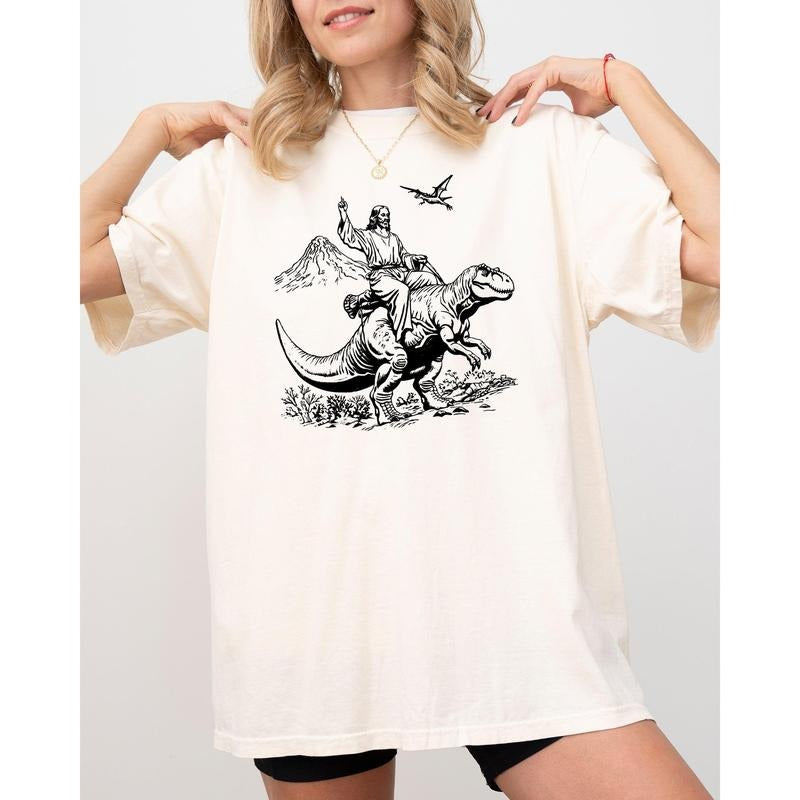 Jesus Riding A Dinosaur, Tyrannosaurus Rex, Funny, Aesthetic, Meme, Jurassic Shirt, Women's Comfort Color Tee, Tshirt