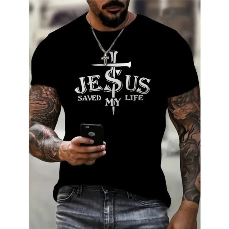 Jesus Saved My Life Print, Men's Graphic Design Crew Neck Novel T-shirt, Casual Comfy Tees Tshirts For Summer, Men's Clothing Tops For Daily Vacation Resorts Made in USA