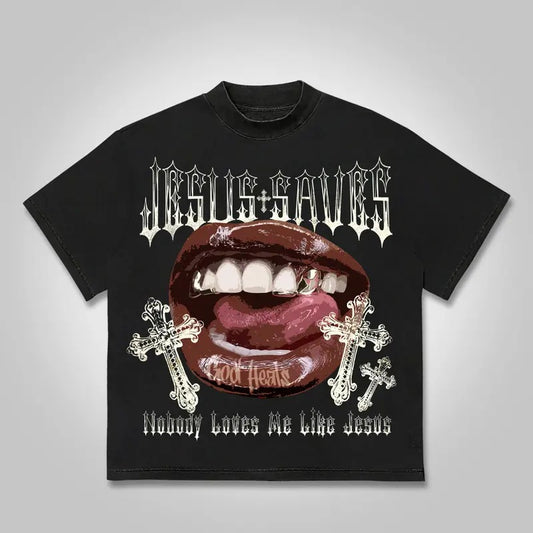 Jesus Saves Lips Cross Casual Graphic T-Shirt Y2K Clothing Graphic Tee Cotton Top Streetwear