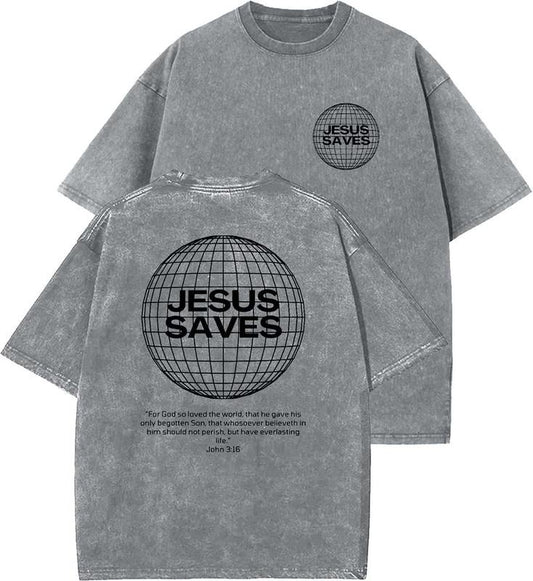Jesus Saves Unisex Washed T-Shirt, Christian t shirts, Vintage 90s Graphic Tee, Gift Top Womenswear Cotton Mineral Color