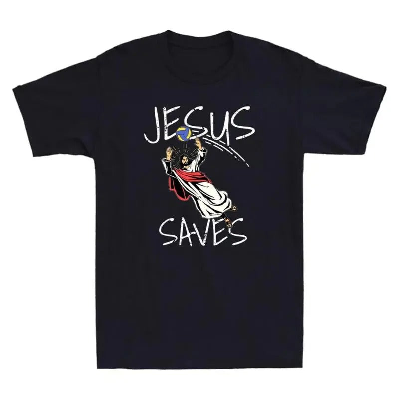 Jesus Saves Volleyball Funny Volleyball Graphic Tee, Gift Humor Jesus Meme Men's T-Shirt, Unisex T Shirt Cotton Menswear...