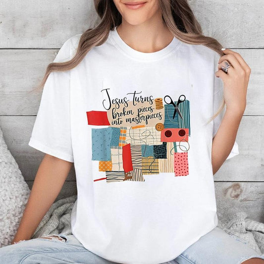 Jesus Turns Broken Pieces Into Masterpieces Shirt Casual Style Crew Neck Short Sleeve T-Shirt Tops Trendy for Unisex, Perfect Gift for Dad