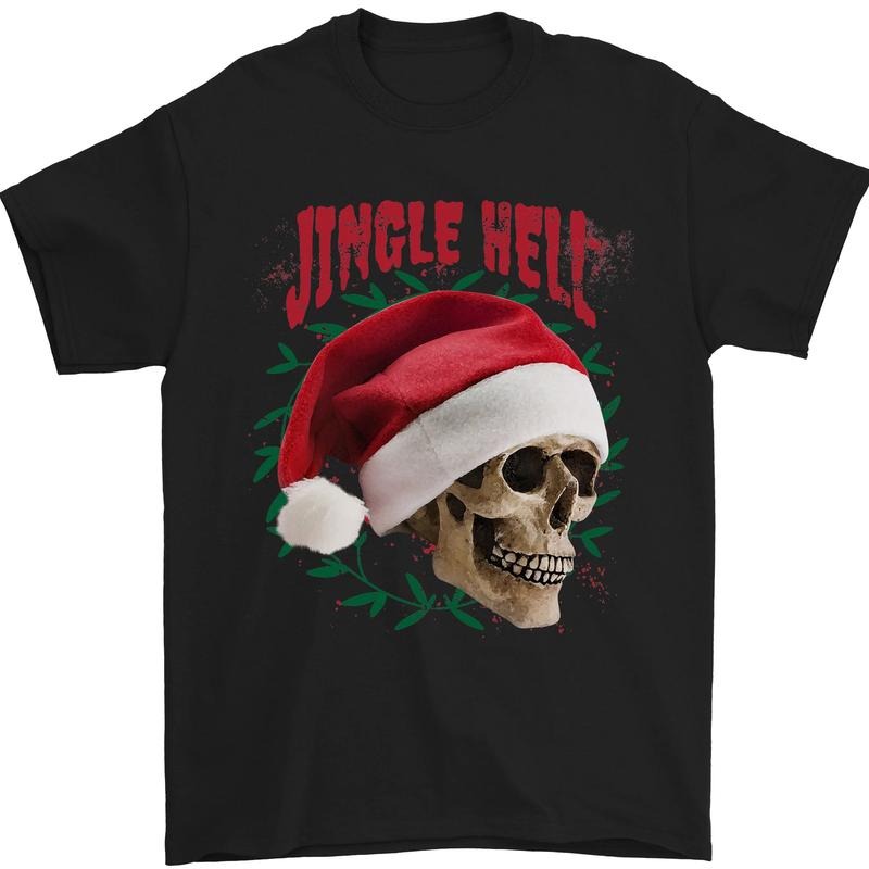 Jingle Hell Funny Christmas Skull Xmas Mens T-Shirt 100% Cotton Made in USA Hoodie, Sweatshirt | DripVista.com
