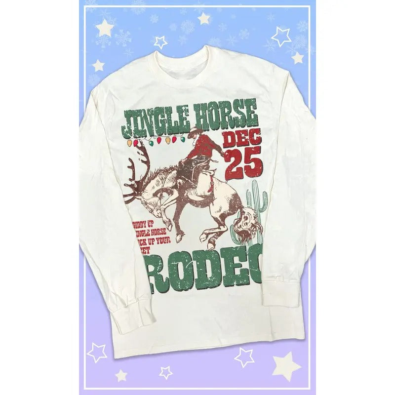 Jingle Horse Rodeo Christmas Graphic Long Sleeve T-Shirt Hoodie, Sweatshirt | DripVista.com