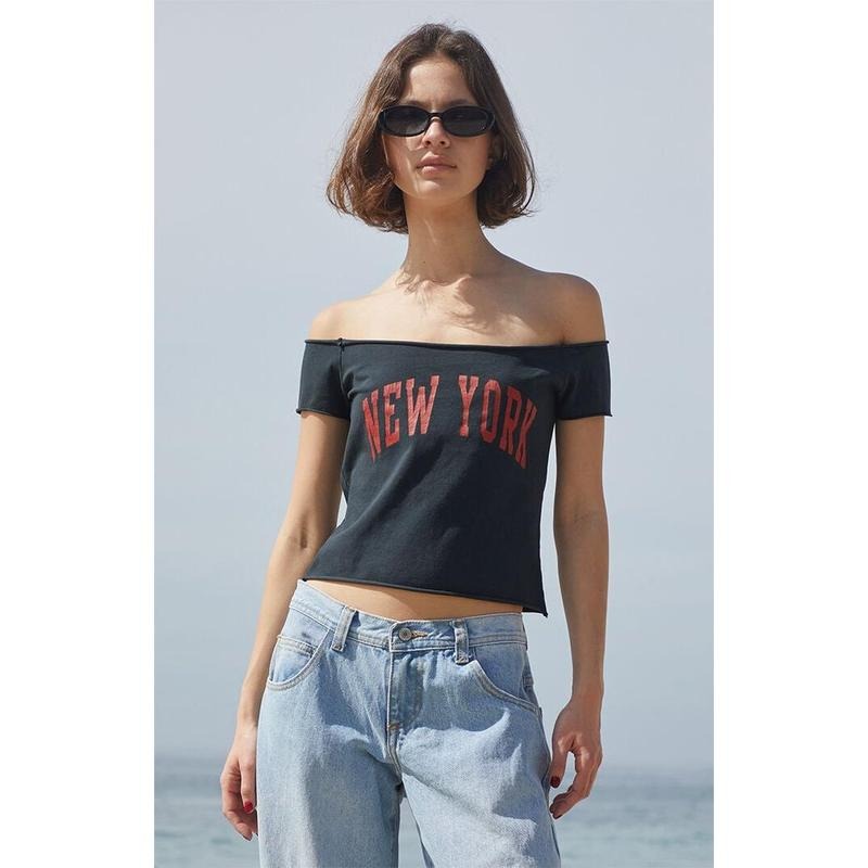 John Galt Women's Black Bonnie New York Off-The-Shoulder Top T-Shirts, Hoodie, Sweatshirt | DripVista.com