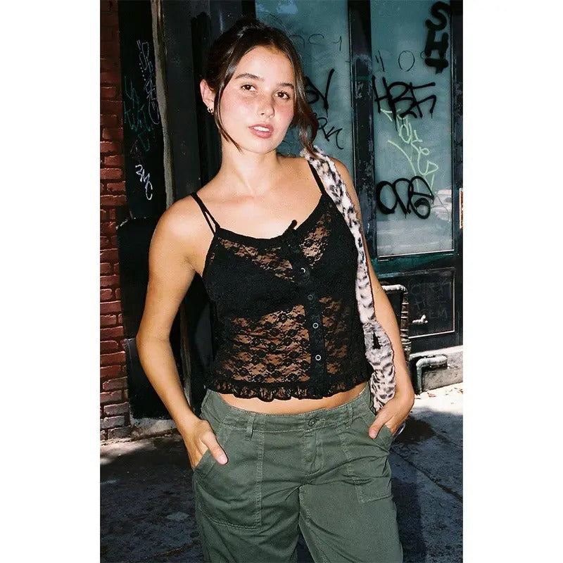 John Galt Women's Black Button Front Lace Top T-Shirts, Hoodie, Sweatshirt | DripVista.com